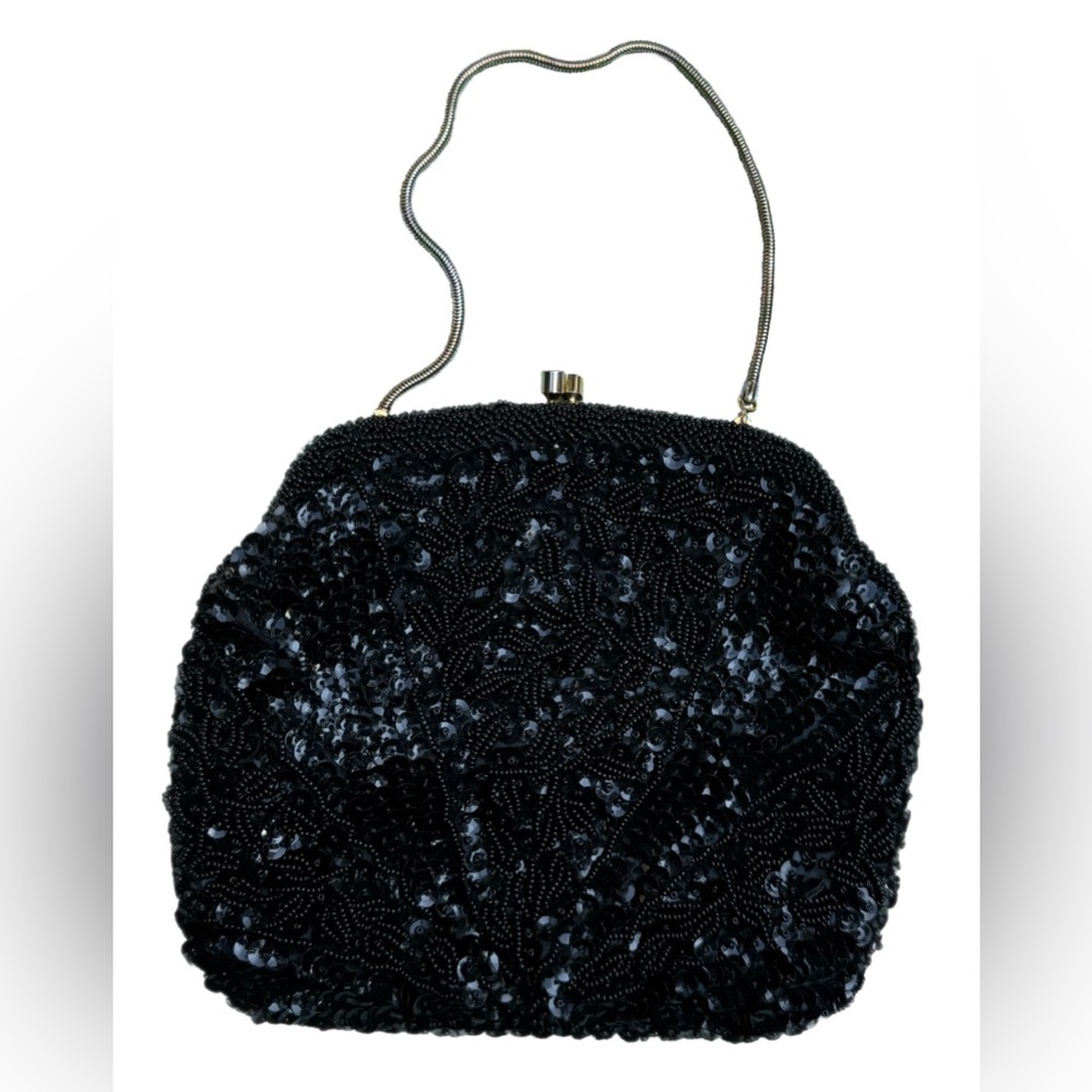 Handmade Vintage Bon Soir Italian Beaded and Sequined Black Clutch Purse